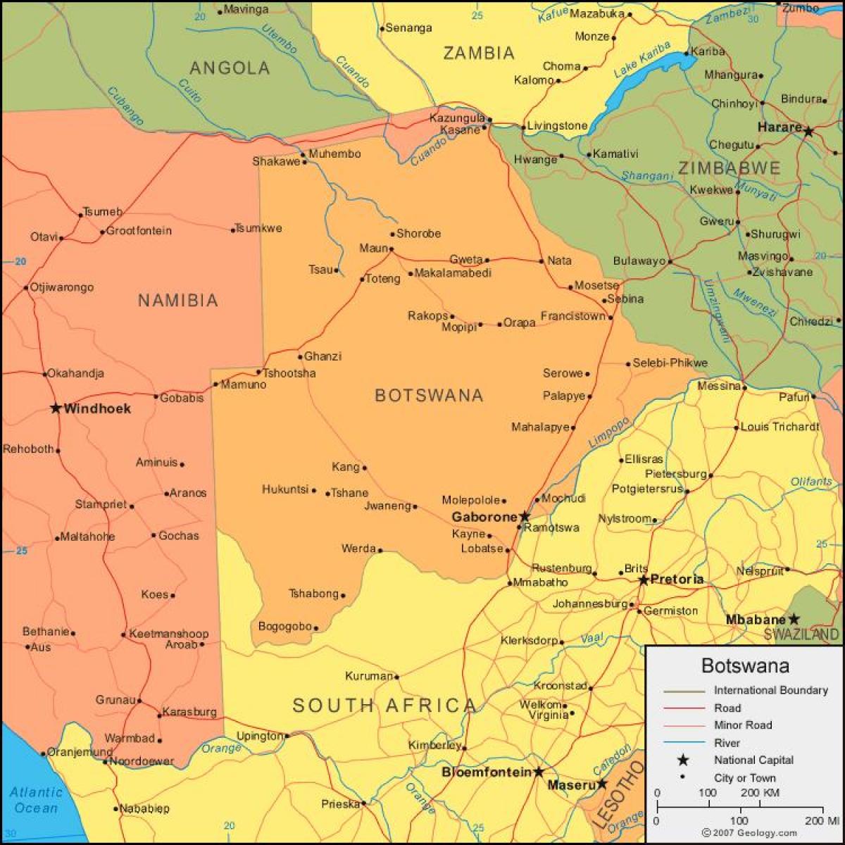 kaart van Botswana met alle dorpen