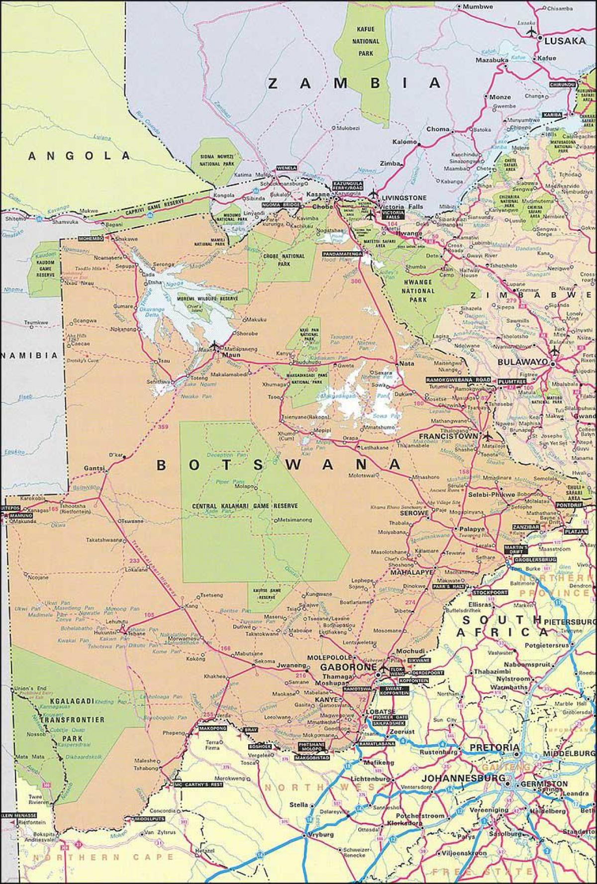 kaart van de gedetailleerde wegenkaart van Botswana