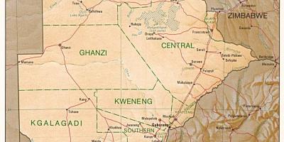 Kaart van Botswana toont de steden en doorpen