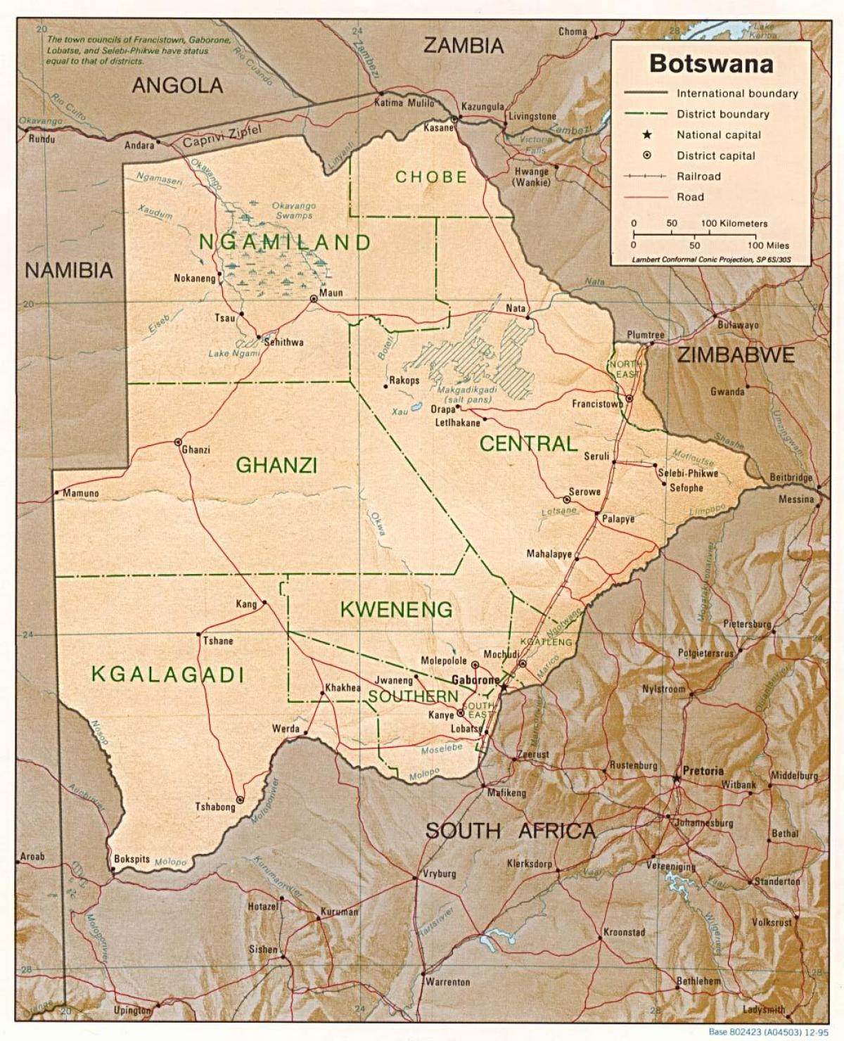 kaart van Botswana toont de steden en doorpen